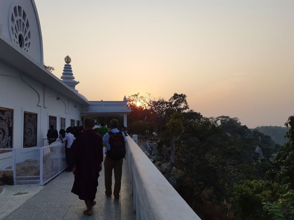 On the World Peace Pagoda monument at sunset, Rajgir, Bihar, India. 