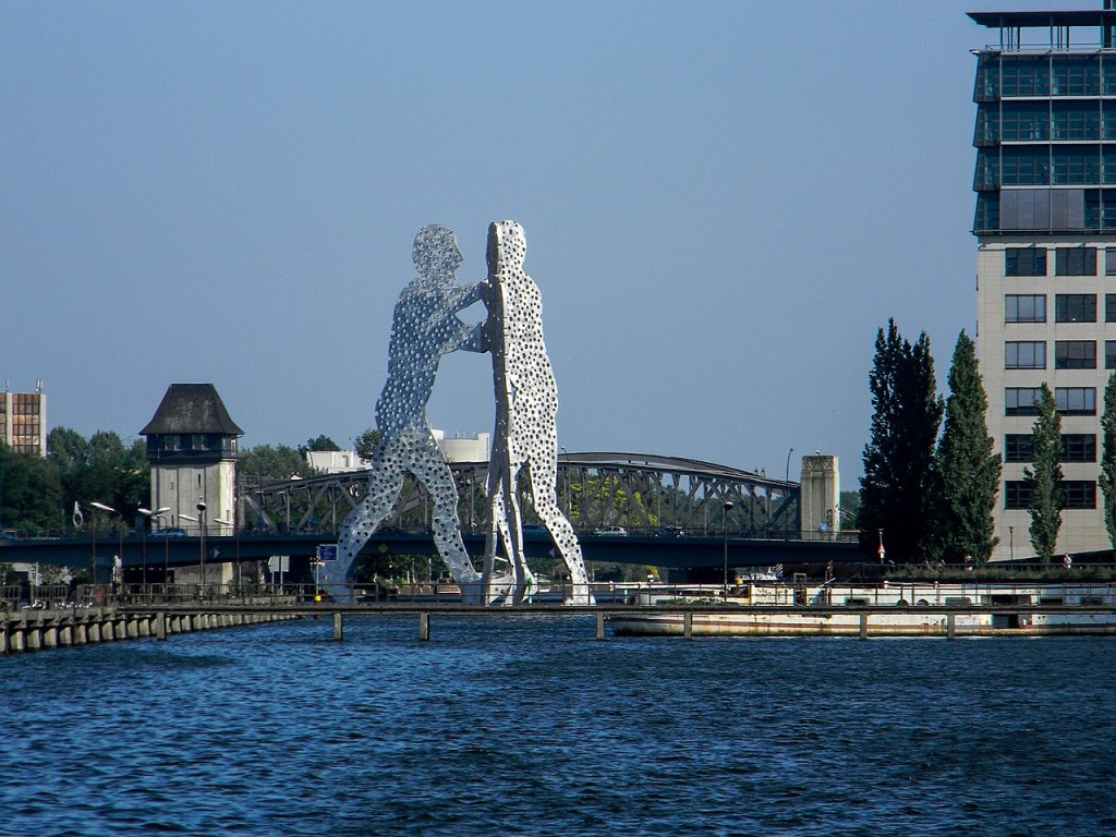 The Molecule Man over the Spree River, Berlin.