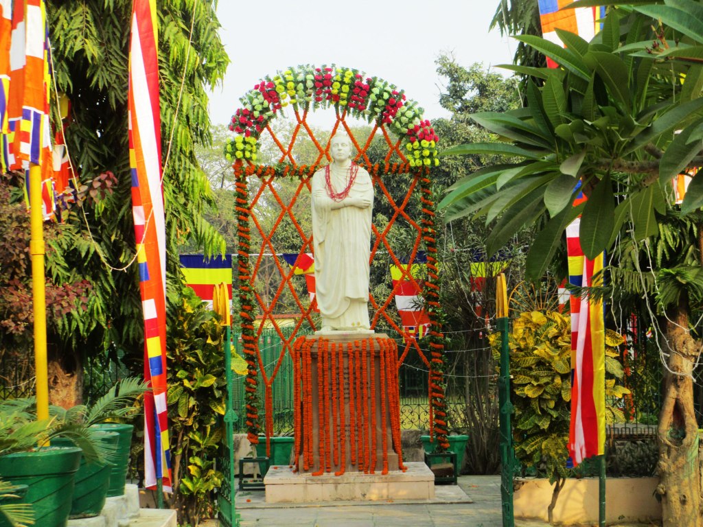 Anagarika Dharmapala statue on the Sri Lankan Temple grounds in Sarnath, India.