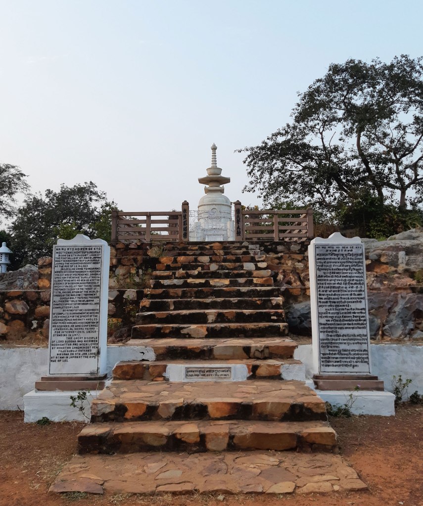 On the hilltop of the World Peace Pagoda in Rajgir, Bihar, India.