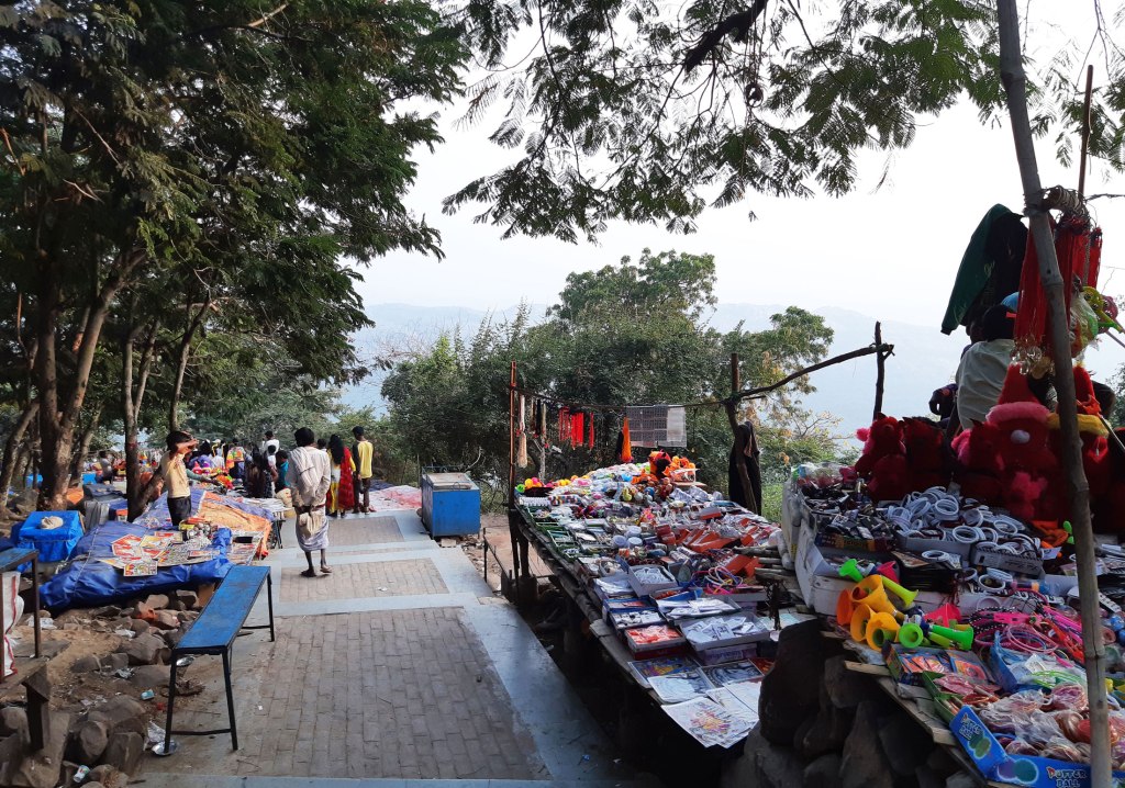 Markets on the hilltop of the World Peace Pagoda site, India.