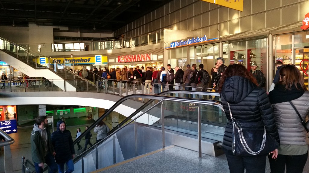 Line-up for Edeka in Lichtenberg Bahnhof, Berlin, Germany.